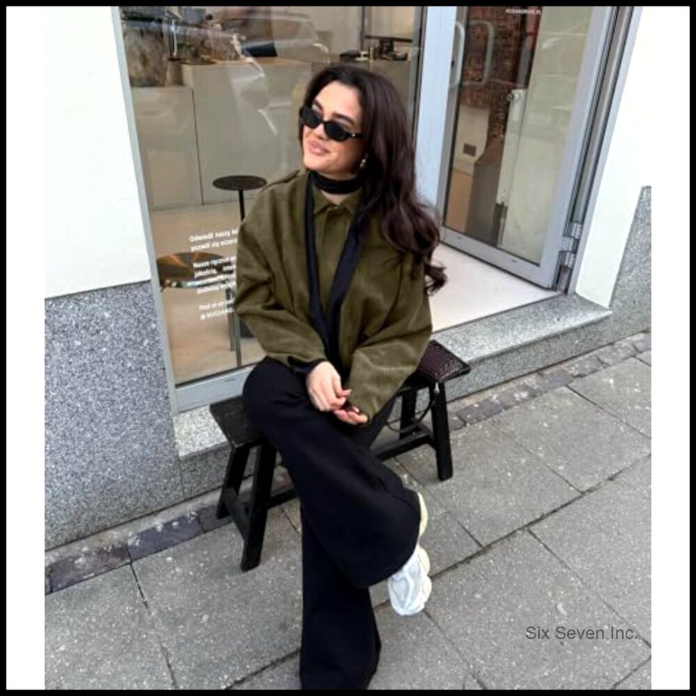Oversized Faux Suede Bomber Jacket Cropped Lapel Streetwear Pilot Coat - Picture 3 of 7